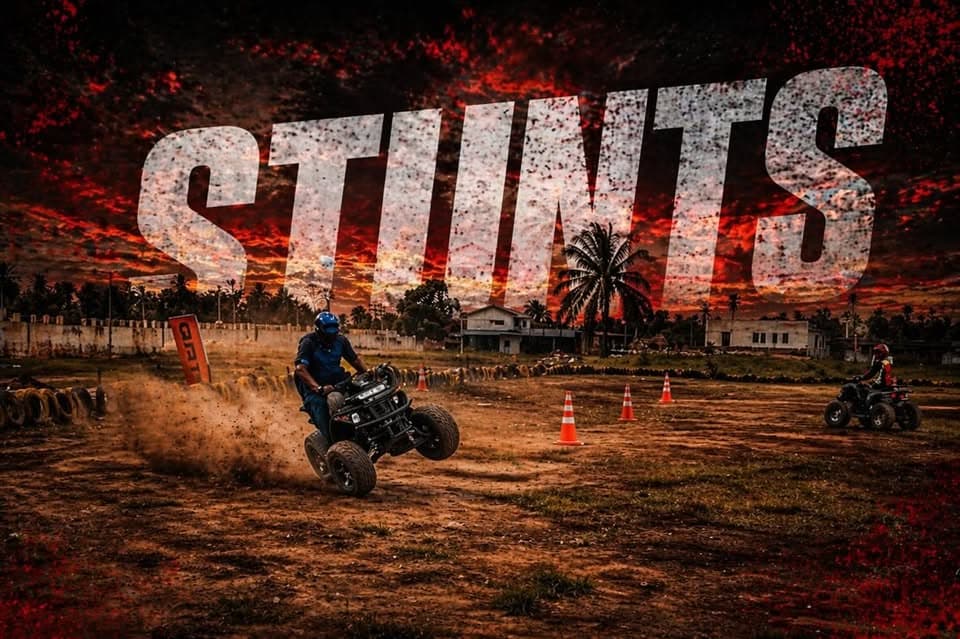 Stunts at GRIT Quad Biking Arena — rider drifting at sunset